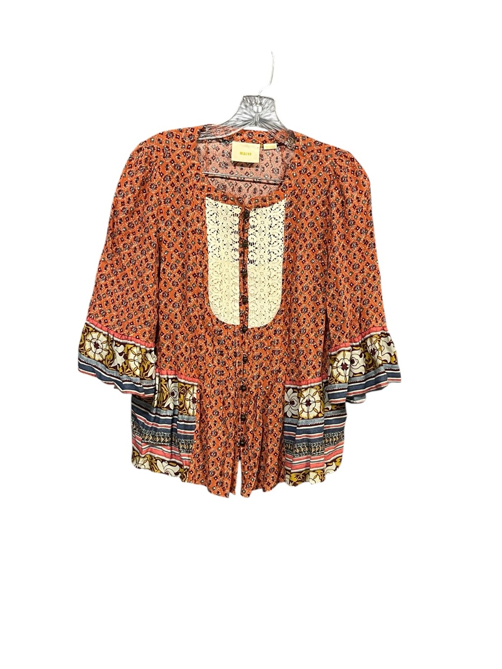 Maeve Anthropologie Boho Lace Bib Blouse Top US 6 Orange Rayon Crochet Floral